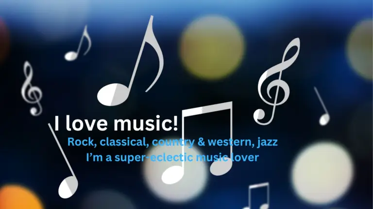 A montage of music symbols, with the caption "I love music!"